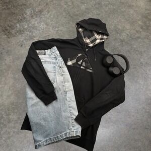 Quiksilver Vintage Y2K Black Plaid Logo Zip Up Hoodie Mens XL Skater Grunge